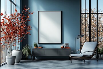 Interior scene with blank framed art red foliage plants grey cabinet and modern armchair