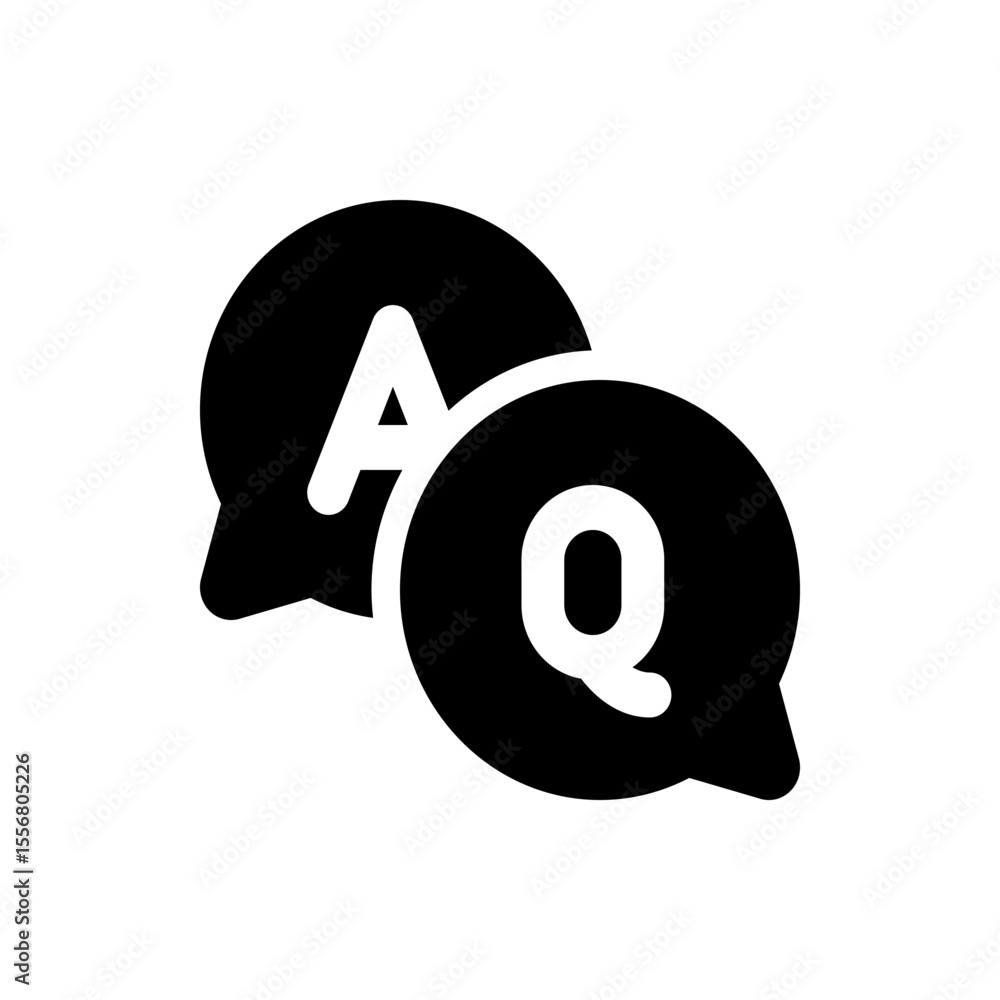 Poster two speech bubbles with the letters a and q inside representing questions and answers in black and w