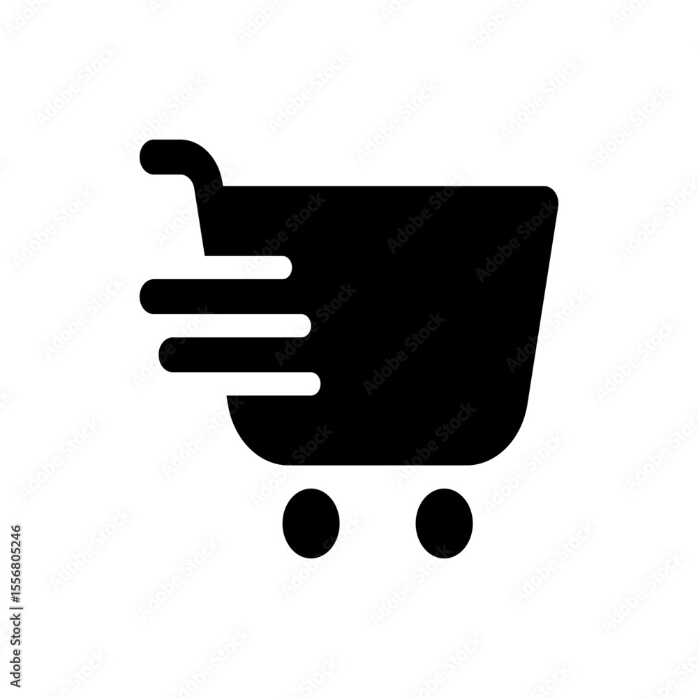 Poster black shopping cart icon with motion lines indicating speed and two wheels in a simple design style