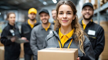 Portrait Of Female Worker Holding Box Inside Warehouse.industrial worker in factory, worker woman smiling working in warehouse stock checking. happy work black girl in factory.