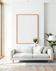 Minimalist living room with white sofa and large frame