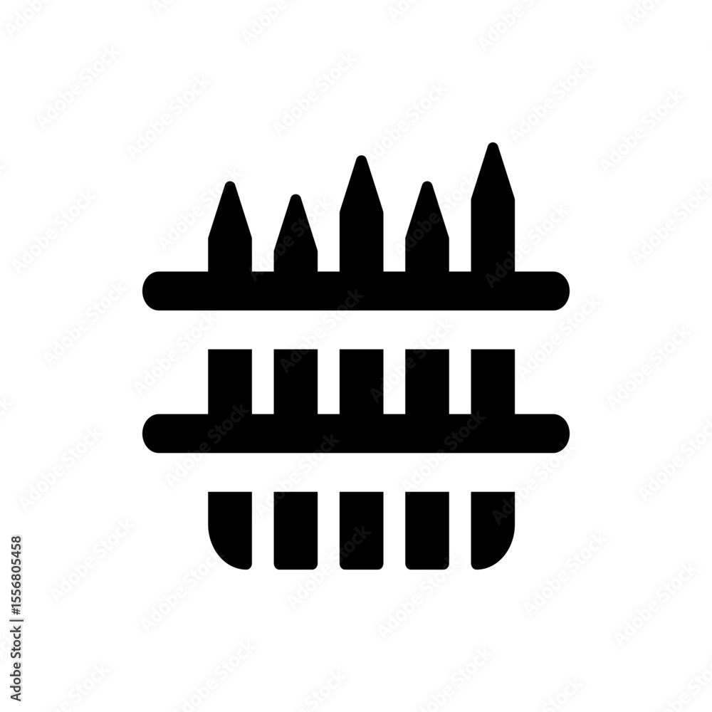Poster illustration of a black picket fence with varying heights and a horizontal support structure design 