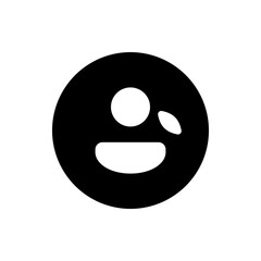 Black circle containing a white circle, an oval, and a curved line resembling a smiling face illustration