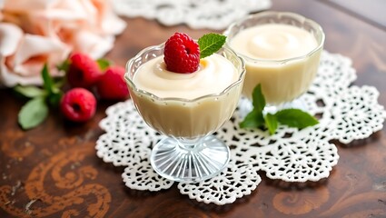 Elegant vanilla pudding served in a crystal dessert cup, topped with a raspberry and mint, placed on a lace doily, vintage table surface