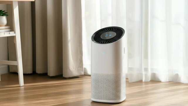 Modern air purifier in bright room by window