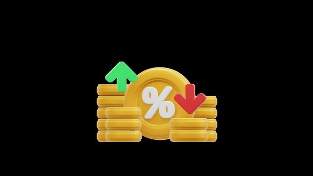 4K Video Greenscreen 3D Gold coins displaying percentage signs, green up arrow, and red down arrow are suitable for financial concepts, investments, stock market analysis.
