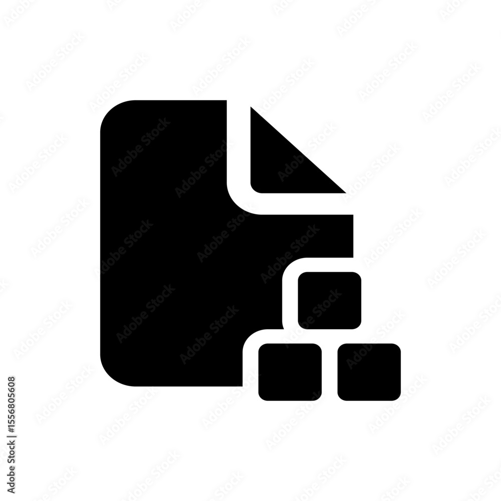 Poster black file icon with a folded corner and three small squares stacked next to the lower right corner