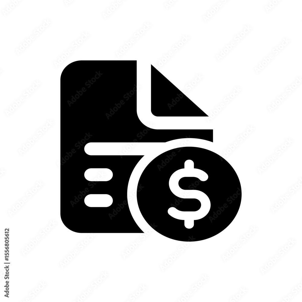 Poster black document icon with rounded corners and a dollar coin symbol overlapping the lower right corner