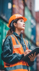 Warehouse,  d manufacturing with tablet, inventory and checklist in a factory. person, worker and employee .Engineers are overseeing the transportation of cargo with containers inside the warehouse. 