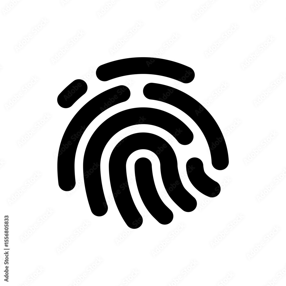 Poster illustration of a black fingerprint with rounded lines forming a unique identification pattern image