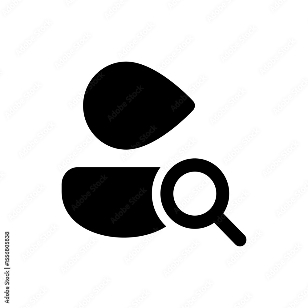 Poster person icon with magnifying glass representing user search or profile discovery and information acce