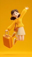 3d render of a happy woman in pastel colors holding a map, planning a travel adventure, minimalistic style..