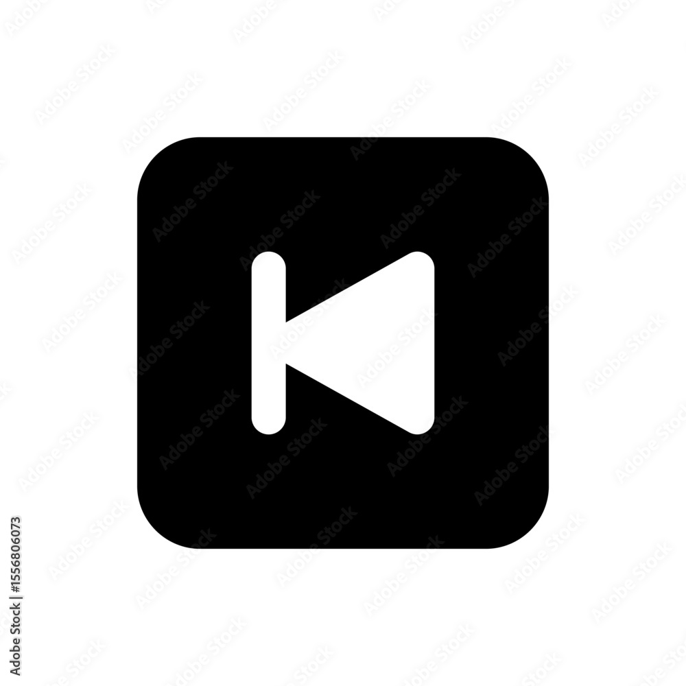 Poster black rounded square containing a white arrow pointing left indicating rewind or previous action ico
