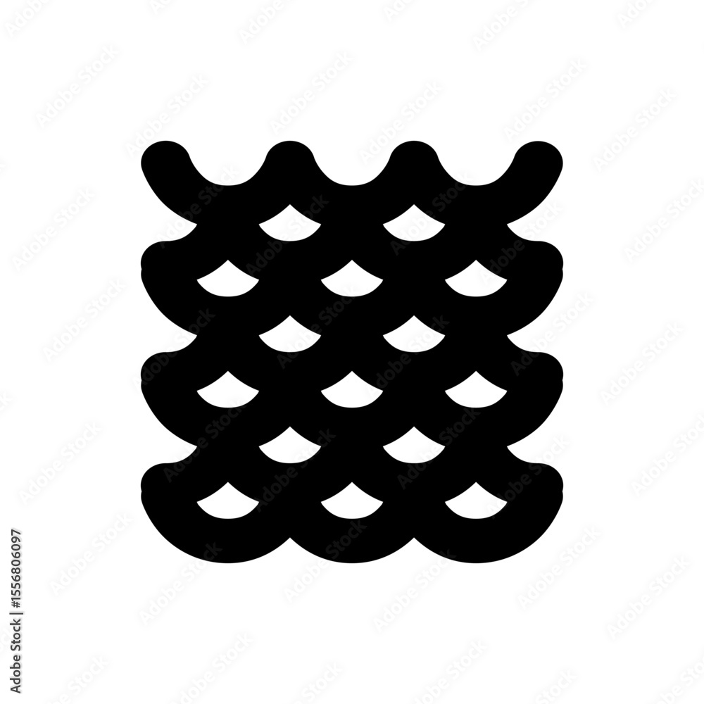 Poster black and white graphic pattern featuring scalloped edges and repeating fan like shapes in rows and 