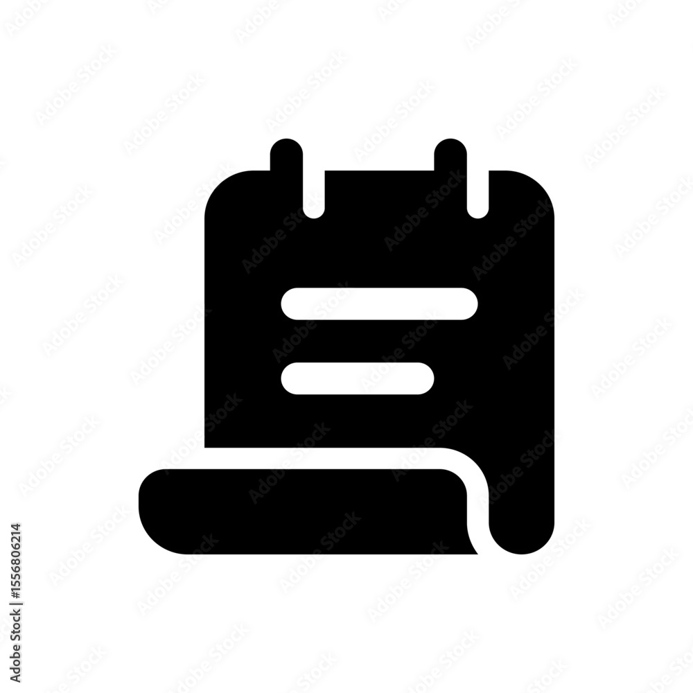 Poster black calendar icon with two horizontal lines and curled bottom corner isolated on a white backgroun