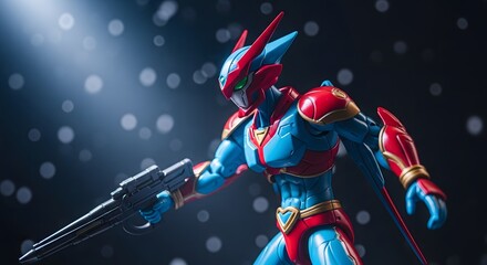 Obraz premium Dynamic Pose Action Figure Photography Blue and Red Superhero Toy with Weapon