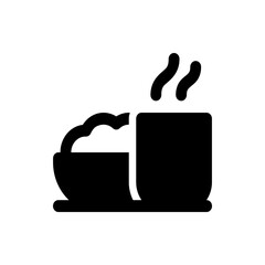 A simple black and white illustration of a bowl of food and a steaming cup on a flat surface design icon