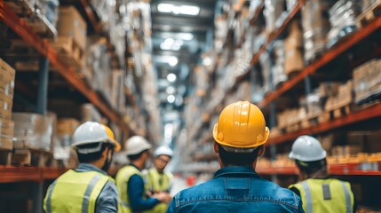 Warehouse,  d manufacturing with tablet, inventory and checklist in a factory. person, worker and employee .Engineers are overseeing the transportation of cargo with containers inside the warehouse. 