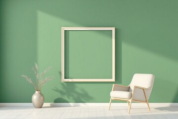 Sage green room interior with empty frame and chair