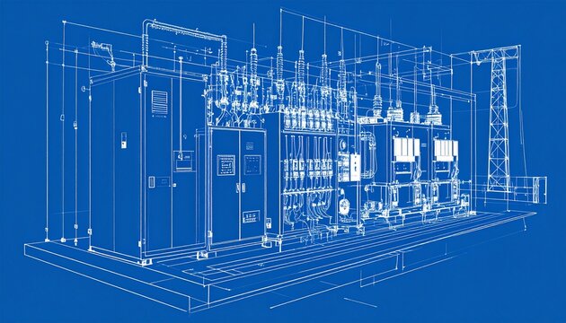 Blueprint technical drawing of a containerized Battery Energy Storage System (BESS), - Powered by Adobe
