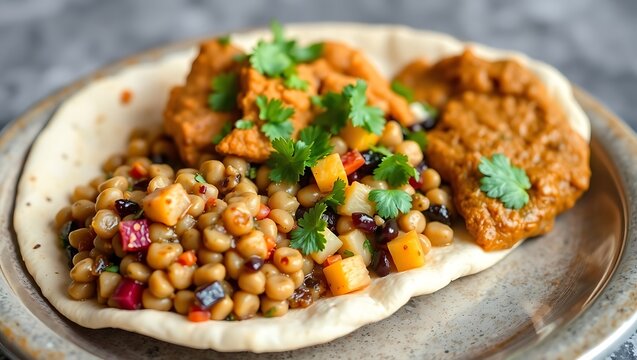 Ethiopian misir wot and gomen on injera with lentil salad and beets - Powered by Adobe