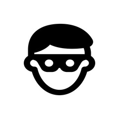 A simple black and white icon depicting a person wearing a mask with short hair and a smiling expression