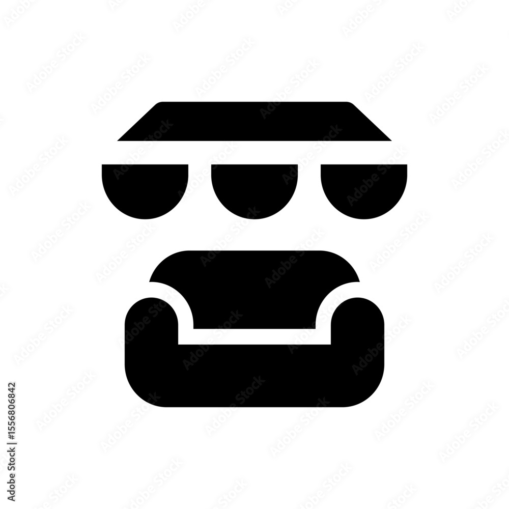 Poster illustration of a couch with a shelf above it displaying three decorative rounded objects in black