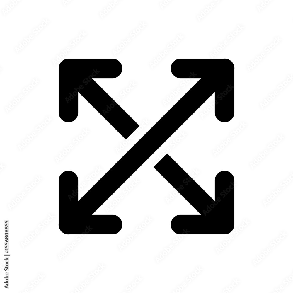 Poster black expand arrows icon with four directional pointers indicating outward movement on a white backg