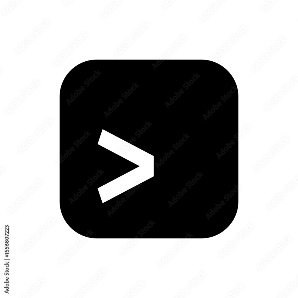 Poster white greater than symbol inside black rounded square shape on a white background in a simple style