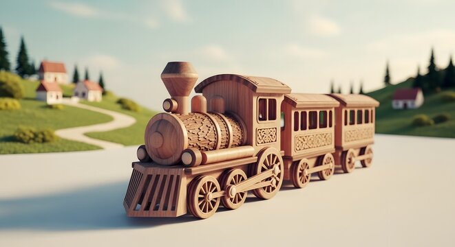 Wooden Toy Train Amidst Serenity: A meticulously crafted wooden toy train chugs through a picturesque miniature landscape, evokes a sense of childhood wonder and timeless charm. 