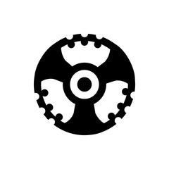 Abstract circular design with central ring and radial arms surrounded by smaller circular elements