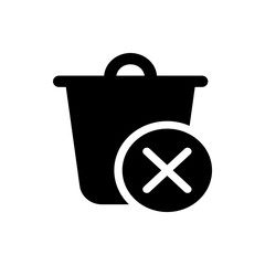 Black trash can with handle and white circle with x symbol indicating deletion or removal icon design vector