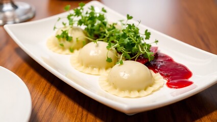 Elegant restaurant presentation of gourmet pierogi on a white rectangular plate, microgreens and beetroot reduction for garnish, fine dining setting