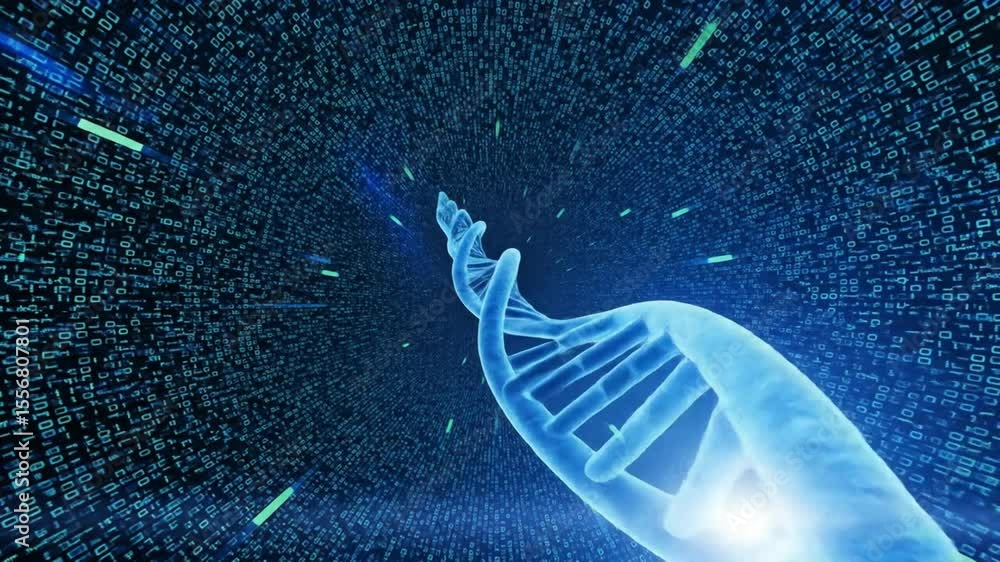 Poster rotating strand of dna helix with binary code background