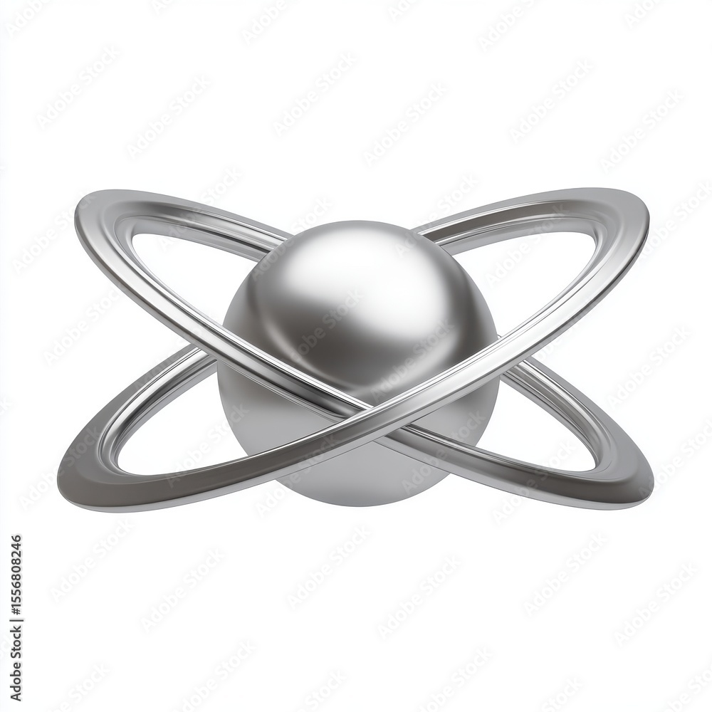 Fototapete Abstract Metallic Sphere with Orbiting Rings in 3D Rendering