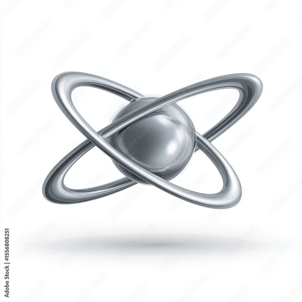 Poster abstract metallic sphere with orbiting rings 3d render