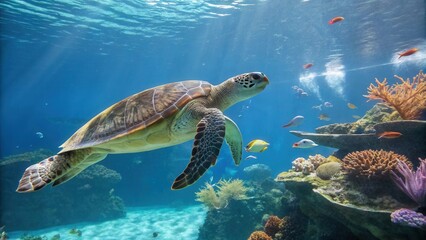 Fototapeta premium Majestic Sea Turtle Gliding Through Vibrant Coral Reef
