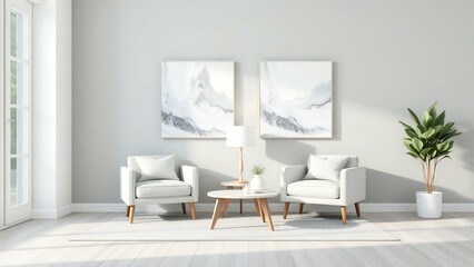 Modern minimalist living room with mountain art