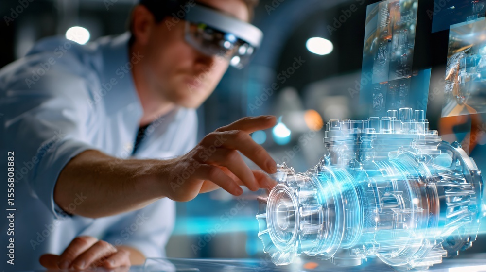 Poster engineer using ar glasses to design and inspect a 3d engine model