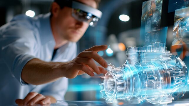 Engineer Using AR Glasses to Design and Inspect a 3D Engine Model