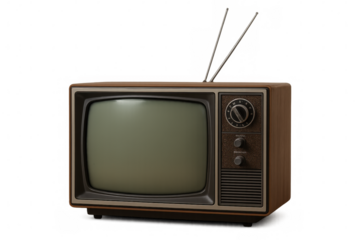 Vintage television receiver displaying grainy static through rabbit ear antennas, representing mid-century electronic broadcasting memory