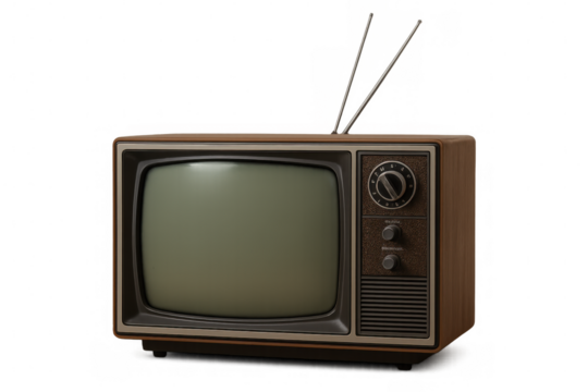 Vintage television receiver displaying grainy static through rabbit ear antennas, representing mid-century electronic broadcasting memory