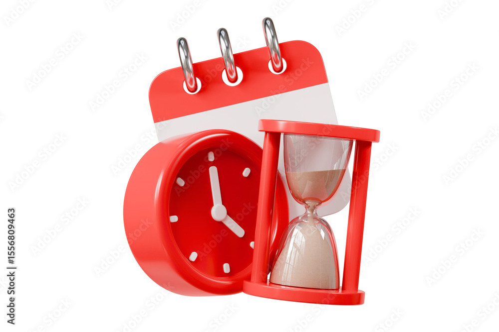 Fototapete 3d time management concept. urgent work. fast service. stopwatch with hourglass and calendar. minima