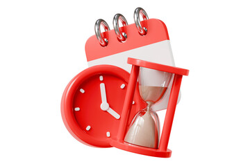 3d Time management concept. urgent work. fast service. stopwatch with hourglass and calendar. Minimal cartoon timeclock with sandclock time management icon isolated on white background. 3d render.