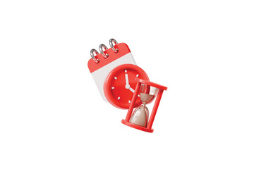 3d Time management concept. urgent work. fast service. stopwatch with hourglass and calendar. Minimal cartoon timeclock with sandclock time management icon isolated on white background. 3d render.