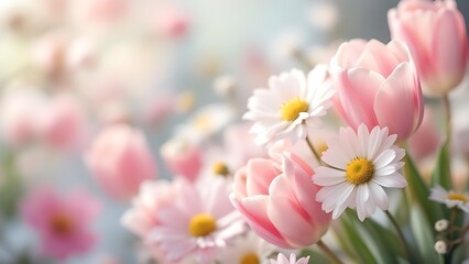 Soft pastel flowers bloom in spring light. Ideal for templates, invitations, and seasonal product visuals