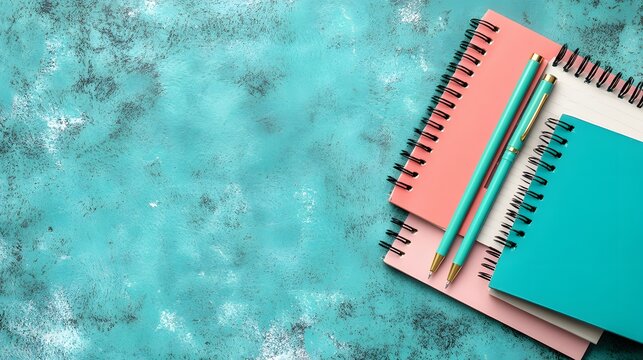 Pastel Notebooks Pens Flatlay Turquoise Background
