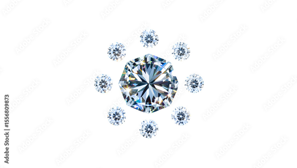 Poster arrangement of sparkling diamonds with a large central gem surrounded by smaller stones isolated on 