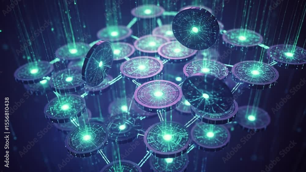 Poster connecting circles with glowing rays abstract motion background