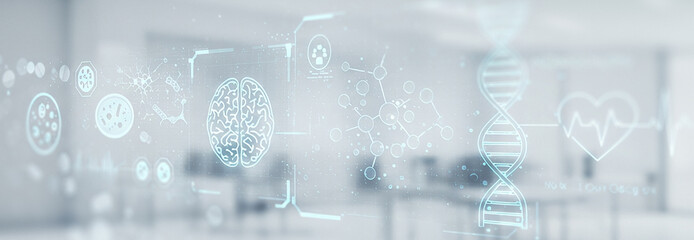 Digital interface of biological data floats over a blurred biotech lab. Molecule networks, DNA strands, and neural diagrams glow in a clean futuristic overlay.